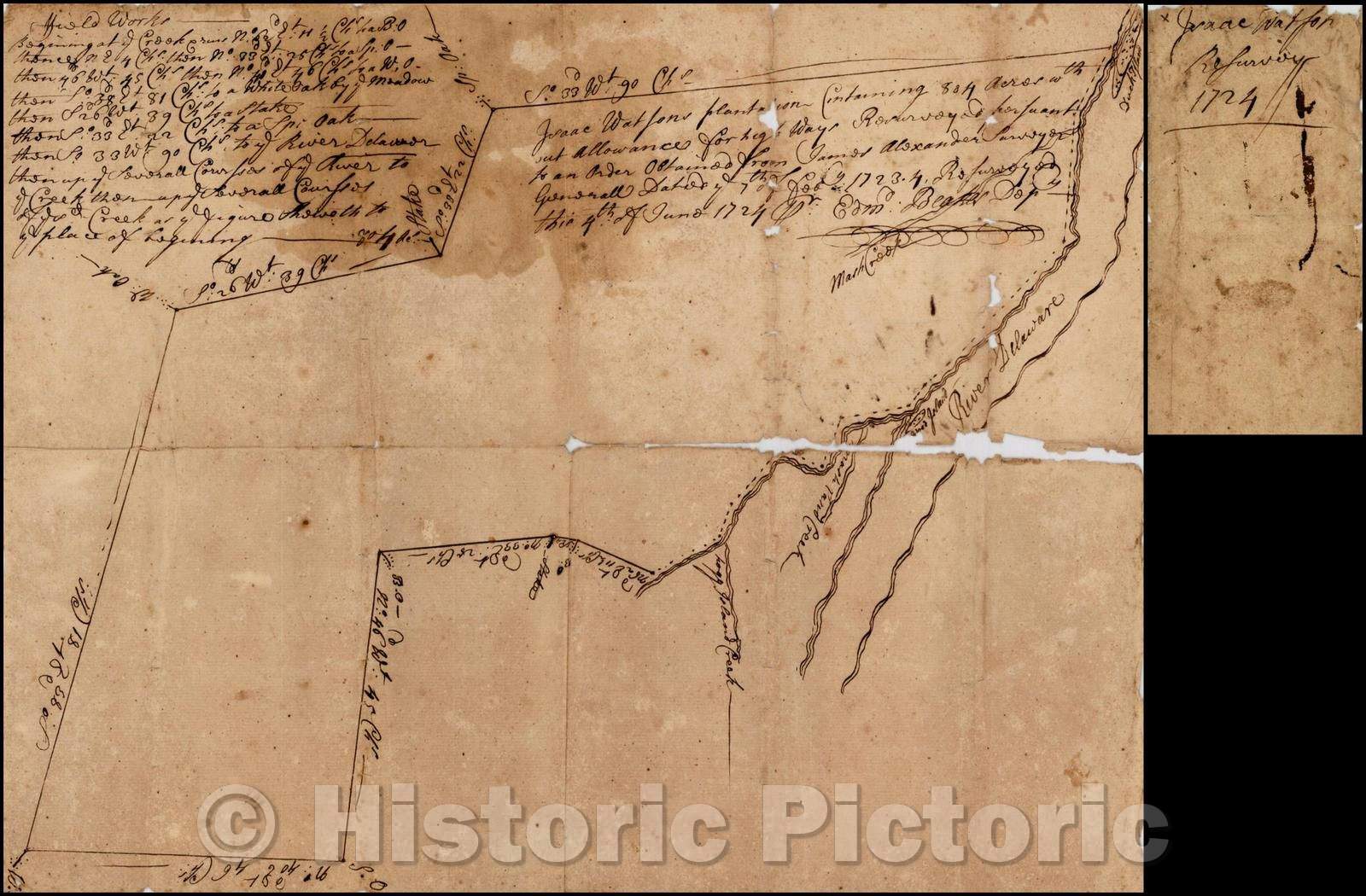 Historic Map - Manuscript Survey of the Isaac Watson Plantation, Hamilton Township, New Jersey, 1724, James Alexander - Vintage Wall Art