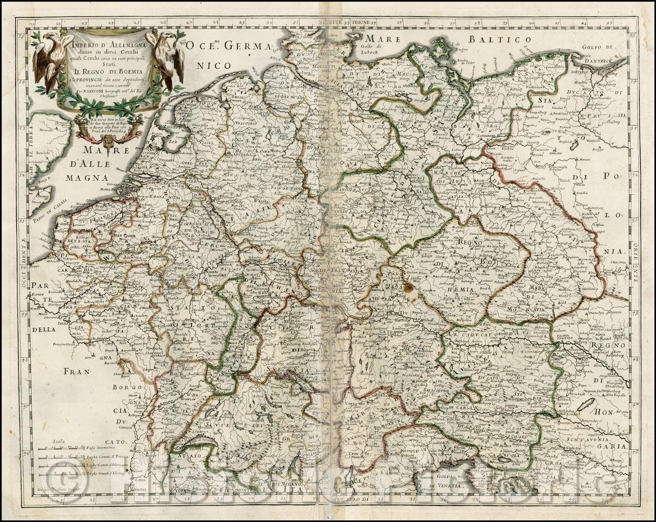 Historic Map - Imperio D'Allemagna diviso in deci Cerchi/Map of the German Empire, including the Low Countries and Germany, based upon Sanson's Map, 1673 - Vintage Wall Art