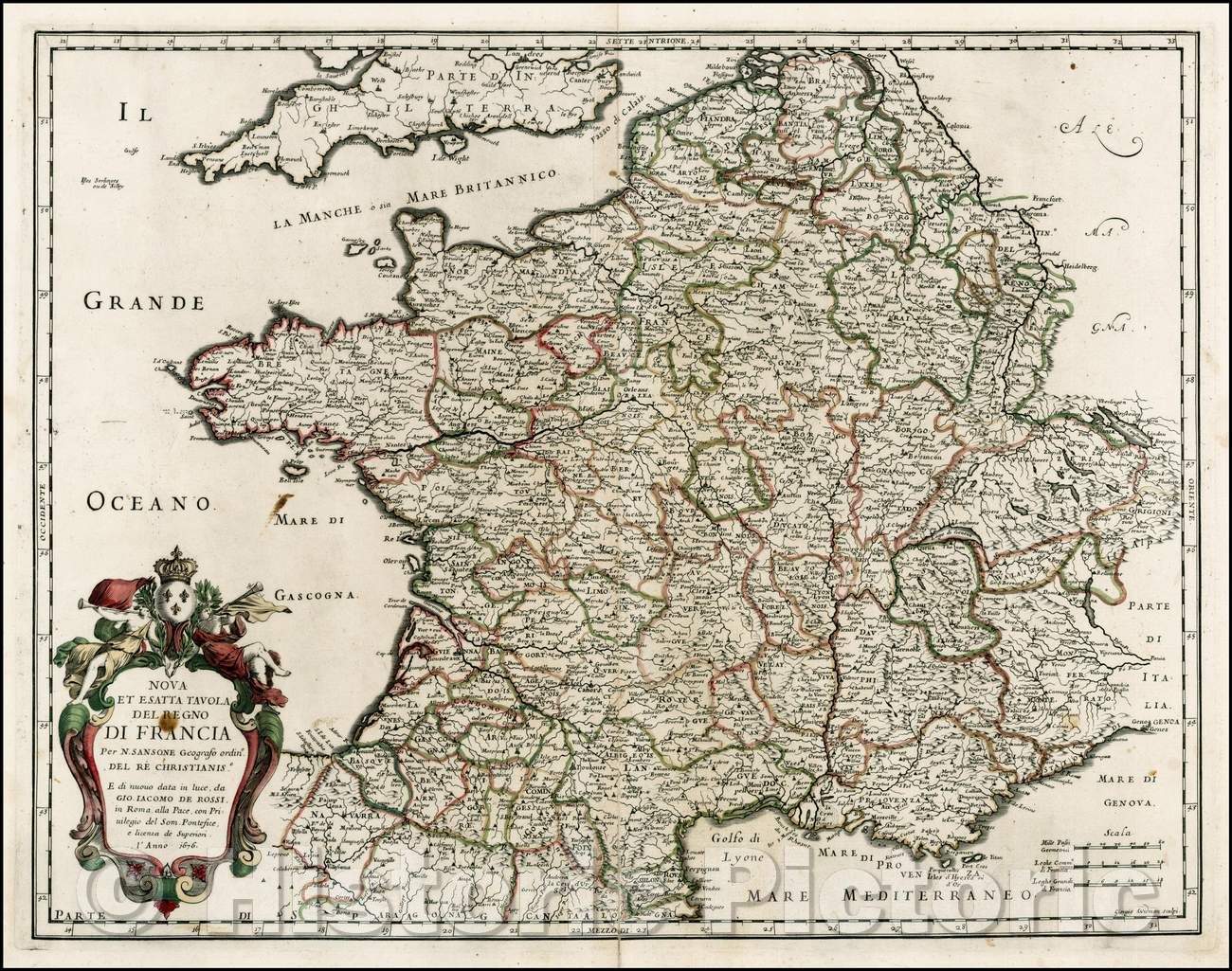 Historic Map - Nova et Esatta Tavola Del Regno Di Francia/Map of France, published in Rome by Rossi, 1676, Giacomo Giovanni Rossi - Vintage Wall Art