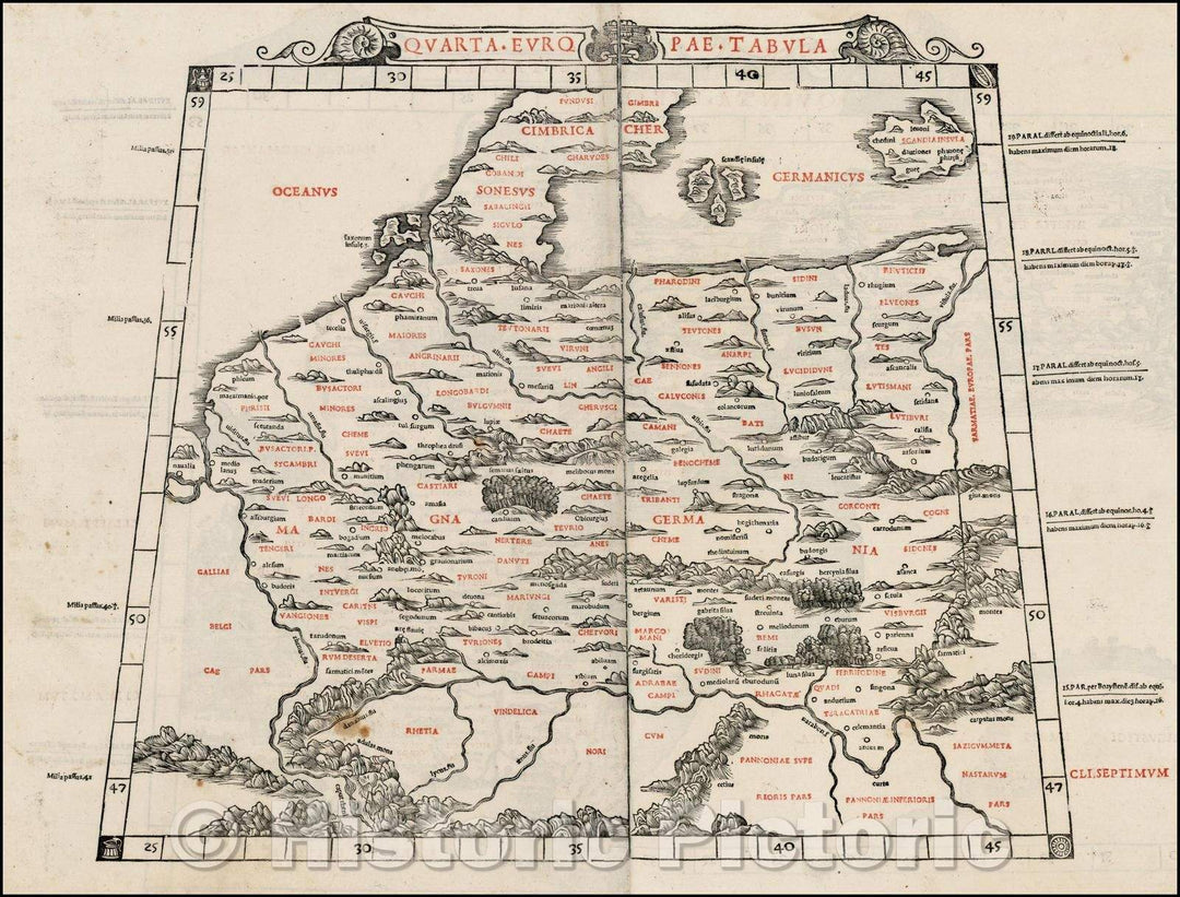 Historic Map - Quarta Europae Tabula (Germany, Poland, Low Countries), 1511, Bernardus Sylvanus - Vintage Wall Art