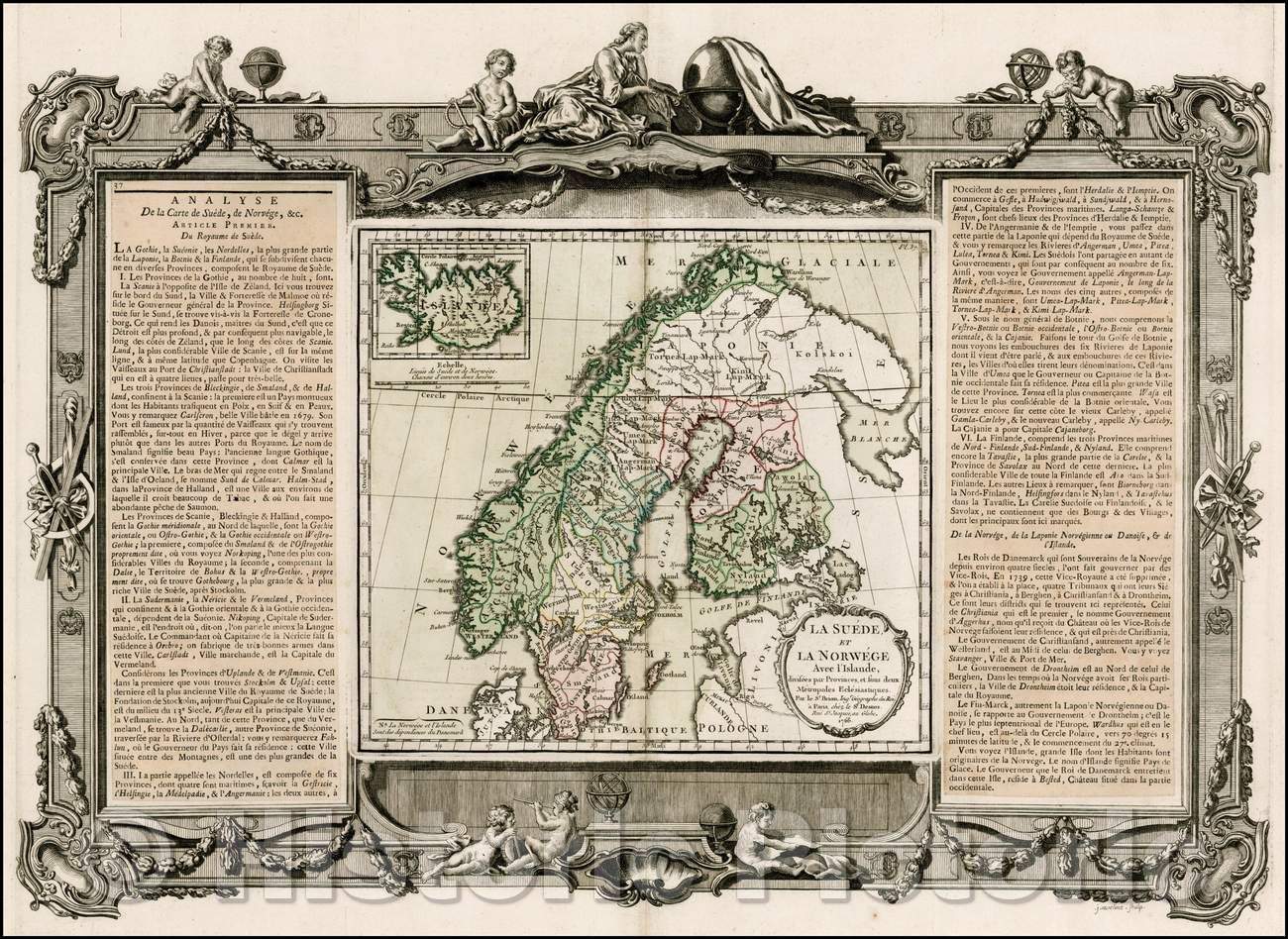 Historic Map - La Suede et La Norwege Avec l'Islande, divisee par Provinces, et sous deux Metropoles Eclesiastiques :: Scandinavia, large inset of Iceland, 1766 - Vintage Wall Art