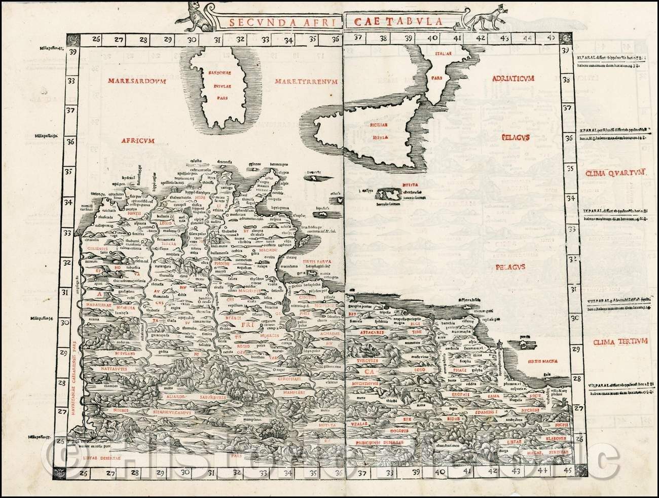 Historic Map - Secunda Africae Tabula/Sylvanus' Map of part of Tunisia, Lybia, Sicily and Sardinia is one of the earliest obtainable Maps of the Region, 1511 - Vintage Wall Art