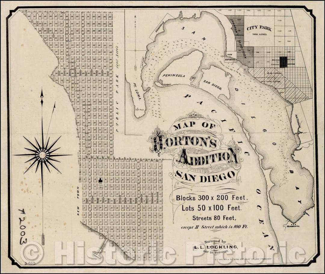 Historic Map - Map of Horton's Addition San Diego, 1870, G. T. Brown & Co. - Vintage Wall Art