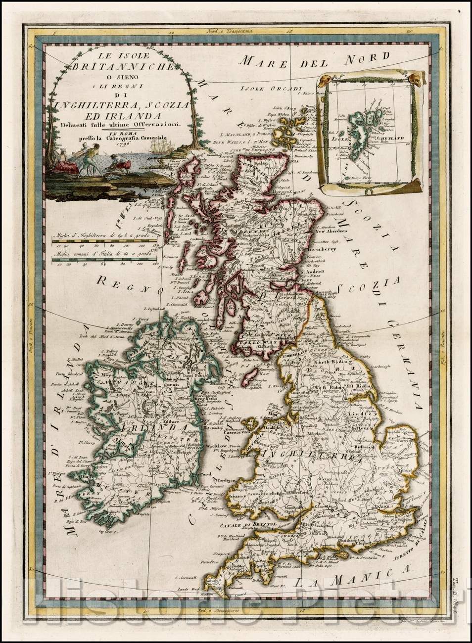 Historic Map - Le Isole Britnniche o sieno li regni di Inghliterra, Scozia ed Irlanda .1796 / Map of the British Isles, published by Cassini in Rome, 1795 - Vintage Wall Art