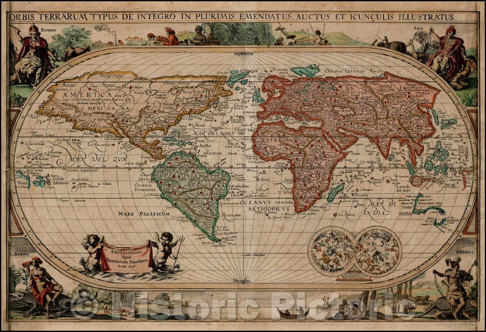 Historic Map - Orbis Terrarum Typus De Integro :: Double hemisphere of the world,Abel Tasman's Voyages to Australia and New Zealand, 1658, Dancker Danckerts - Vintage Wall Art