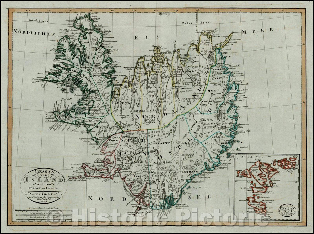 Historic Map - Charte von Island und den Faroer-Inseln/Charter of Iceland and the Faroe Islands, 1806, 1806, Weimar Geographische Institut - Vintage Wall Art