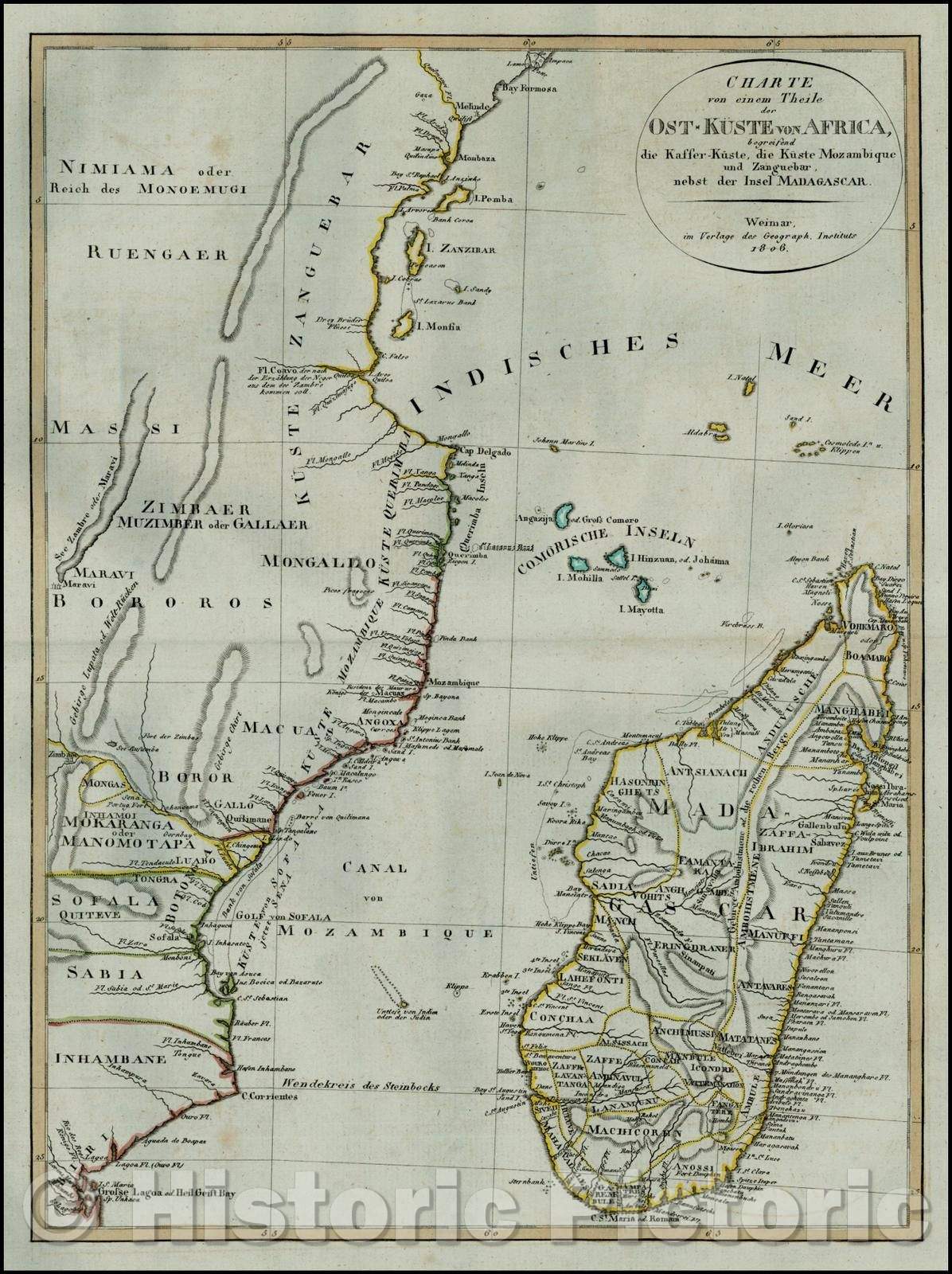 Historic Map - Charte von einem Theile der Ost-Kuste von Africa, begreifend die Kaffer-Kust :: Madagascar, contiguous coastline of East Africa, 1806 - Vintage Wall Art