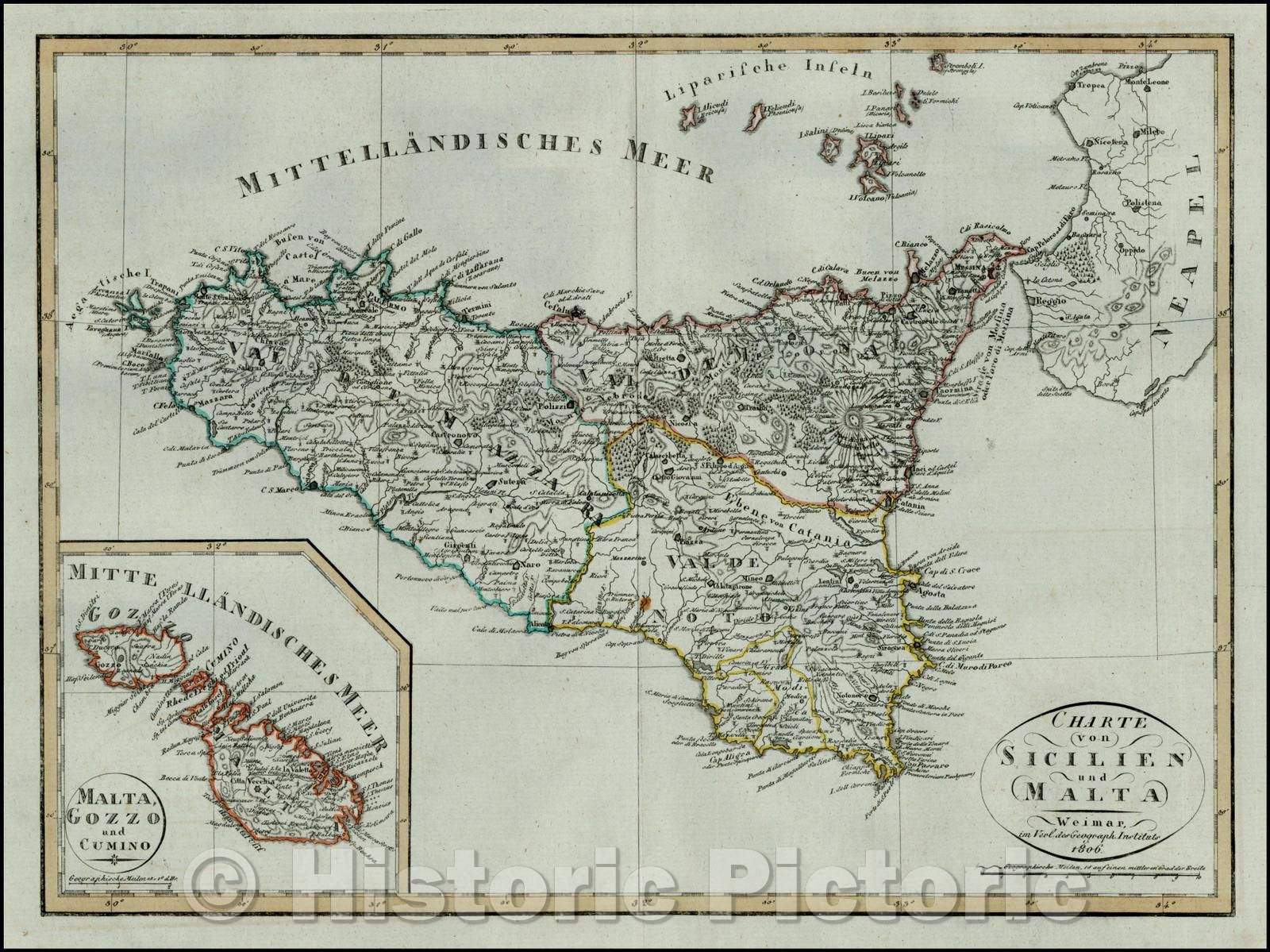 Historic Map - Charte von Sicilien und Malta / 19th Century Map of Sicily and large inset Map of Malta, 1806, Weimar Geographische Institut - Vintage Wall Art