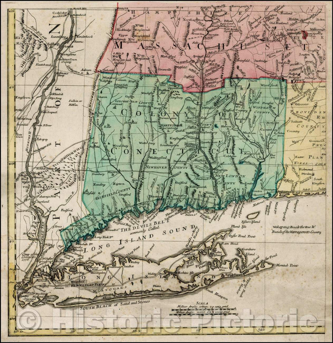 Historic Map - Chart of Long Island, Connecticut and Part of Massachusetts & Rhode Island, 1777, Tobias Conrad Lotter - Vintage Wall Art