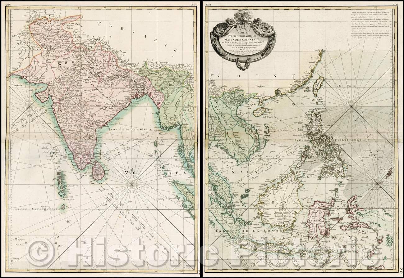 Historic Map - Carte Hydro-Geo-Graphique Des Indies Orientales en deca :: Southeast Asia and the Indian Ocean, Seasonal currents with in the India Ocean, 1771 - Vintage Wall Art