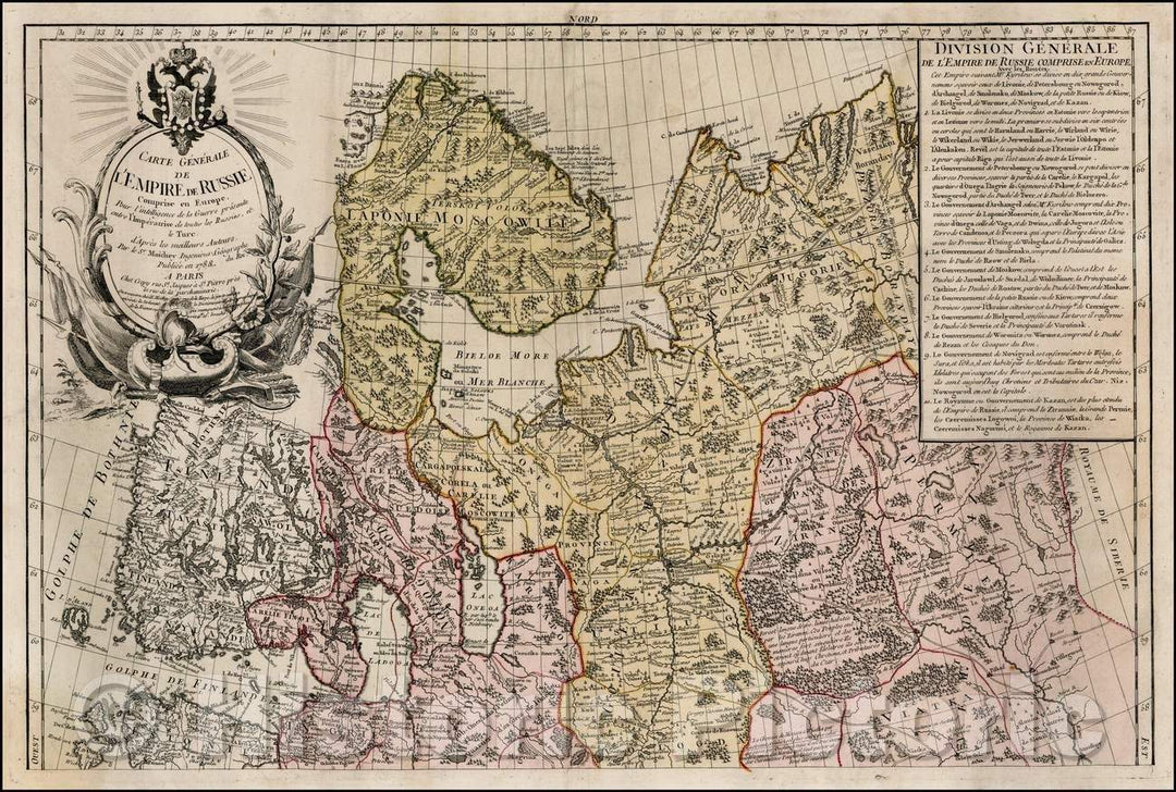 Historic Map - Carte Generale De L'Empire de Russie Coprise en Europe Pour l'Intelligence/Map of Russia, published in Paris, 1788, Maurille Antoine Moithey - Vintage Wall Art