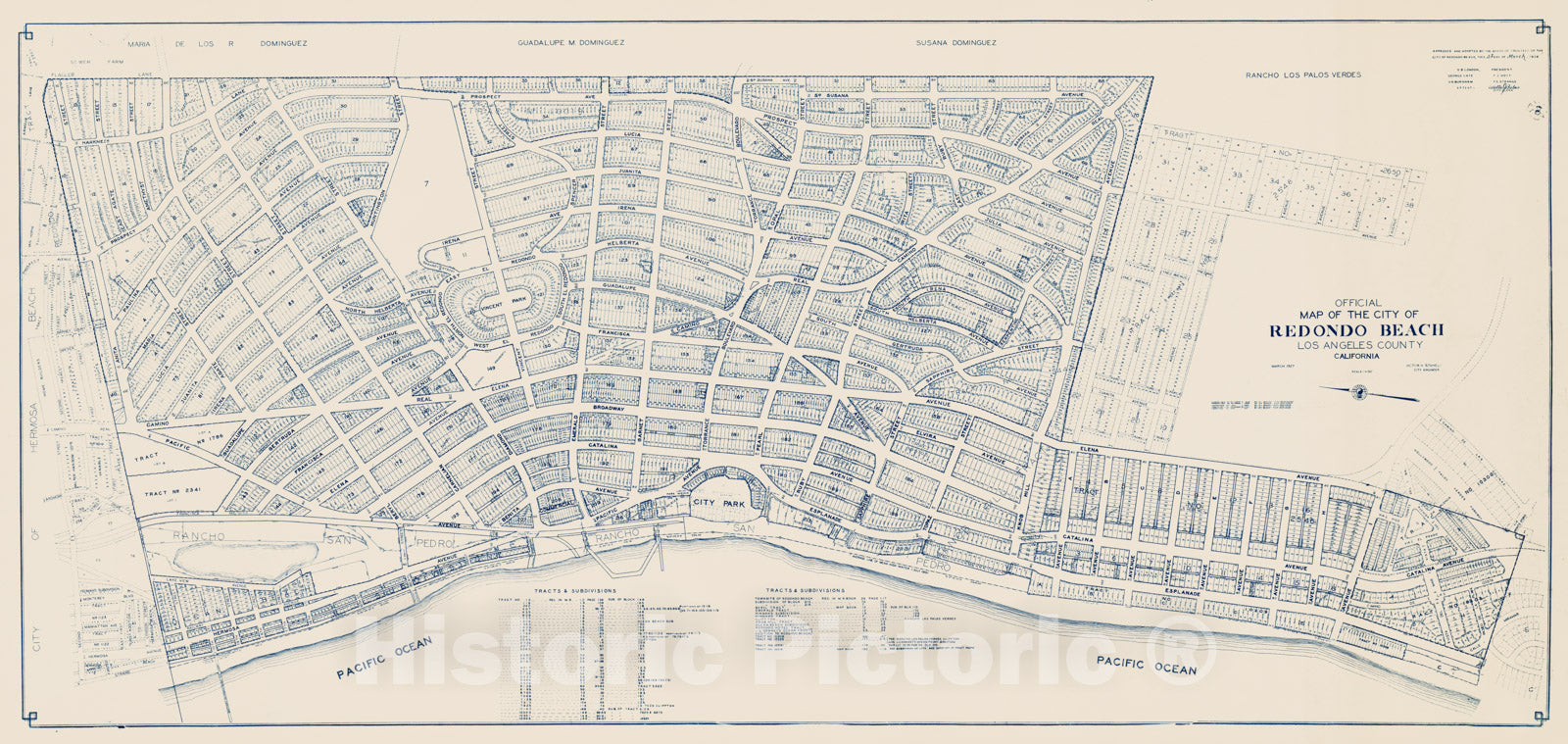 Historic Map - Official Map of the City of Redondo Beach Los Angeles County California, 1928, Victor H. Staheli - Vintage Wall Art