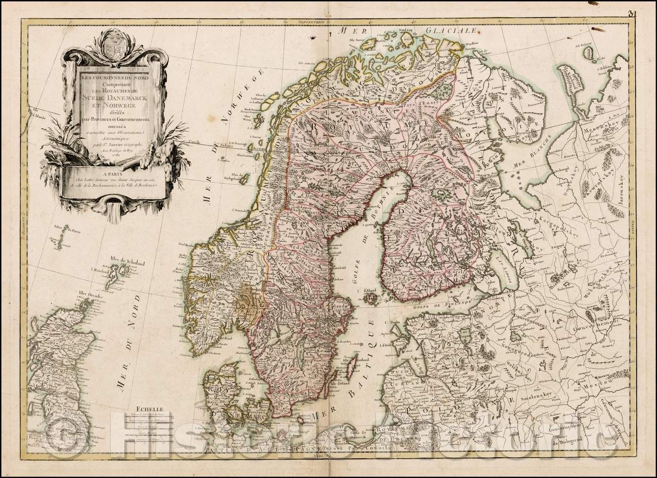 Historic Map - Les Couronnes Du Nord Comprenant Les Royaumes De Suede Danemarck et Norwege/Map of Scandinavia, by Janvier, 1780, Jean Janvier - Vintage Wall Art