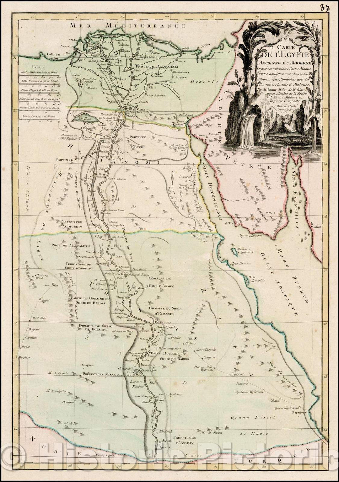 Historic Map - Carte De L'Egypte Ancienne et Moderne/Map of Egypt, published by Citoyen (Citizen) Berthelon, 1762, Jean Lattre - Vintage Wall Art