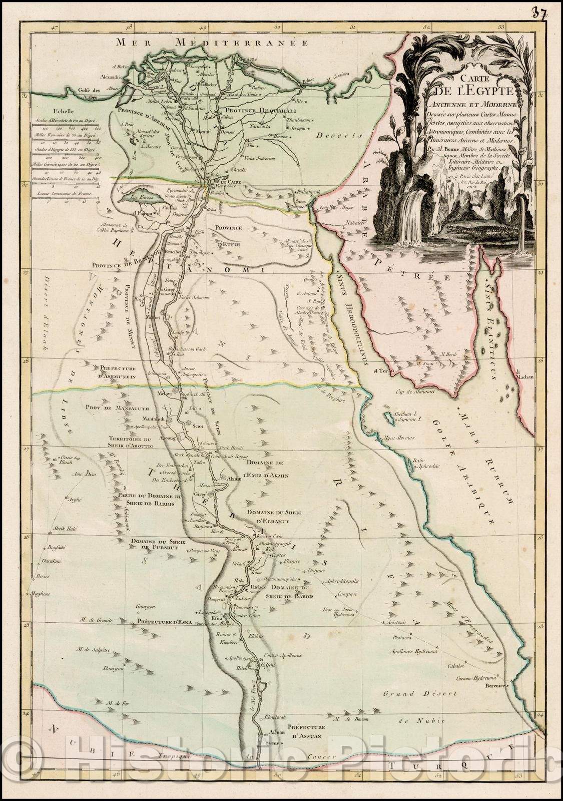 Historic Map - Carte De L'Egypte Ancienne et Moderne/Map of Egypt, published by Citoyen (Citizen) Berthelon, 1762, Jean Lattre - Vintage Wall Art