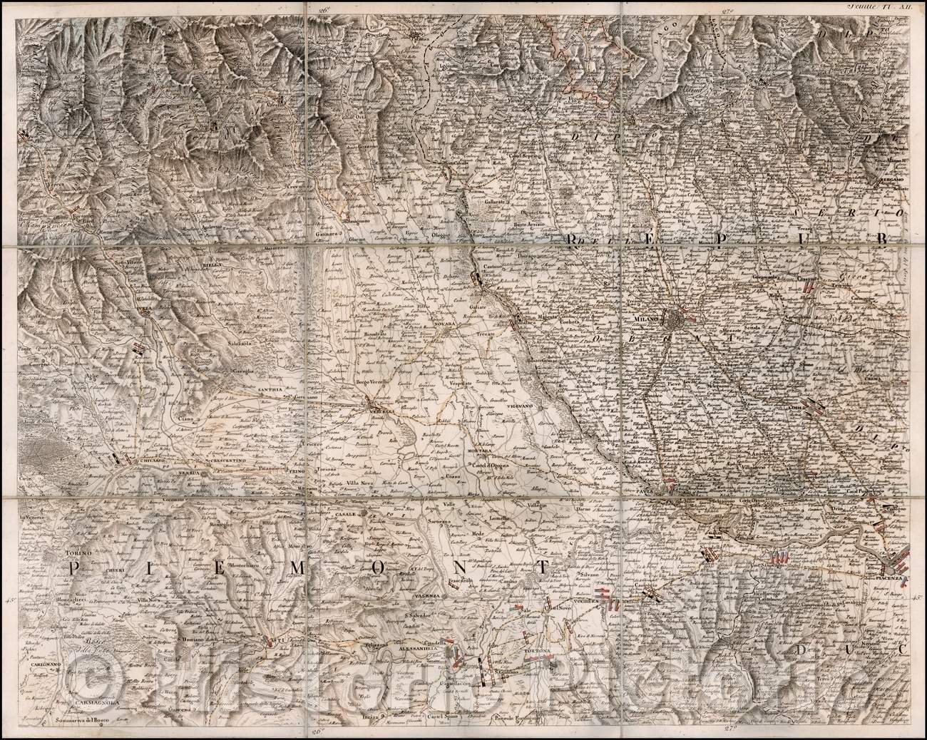 Historic Map - (Milano, Bergamo, Pavia, Piacenza, Asti and Piemonte Sheet) Carte Generale/Example of 1 sheet from the 24 sheet Map of Italy, 1798 - Vintage Wall Art