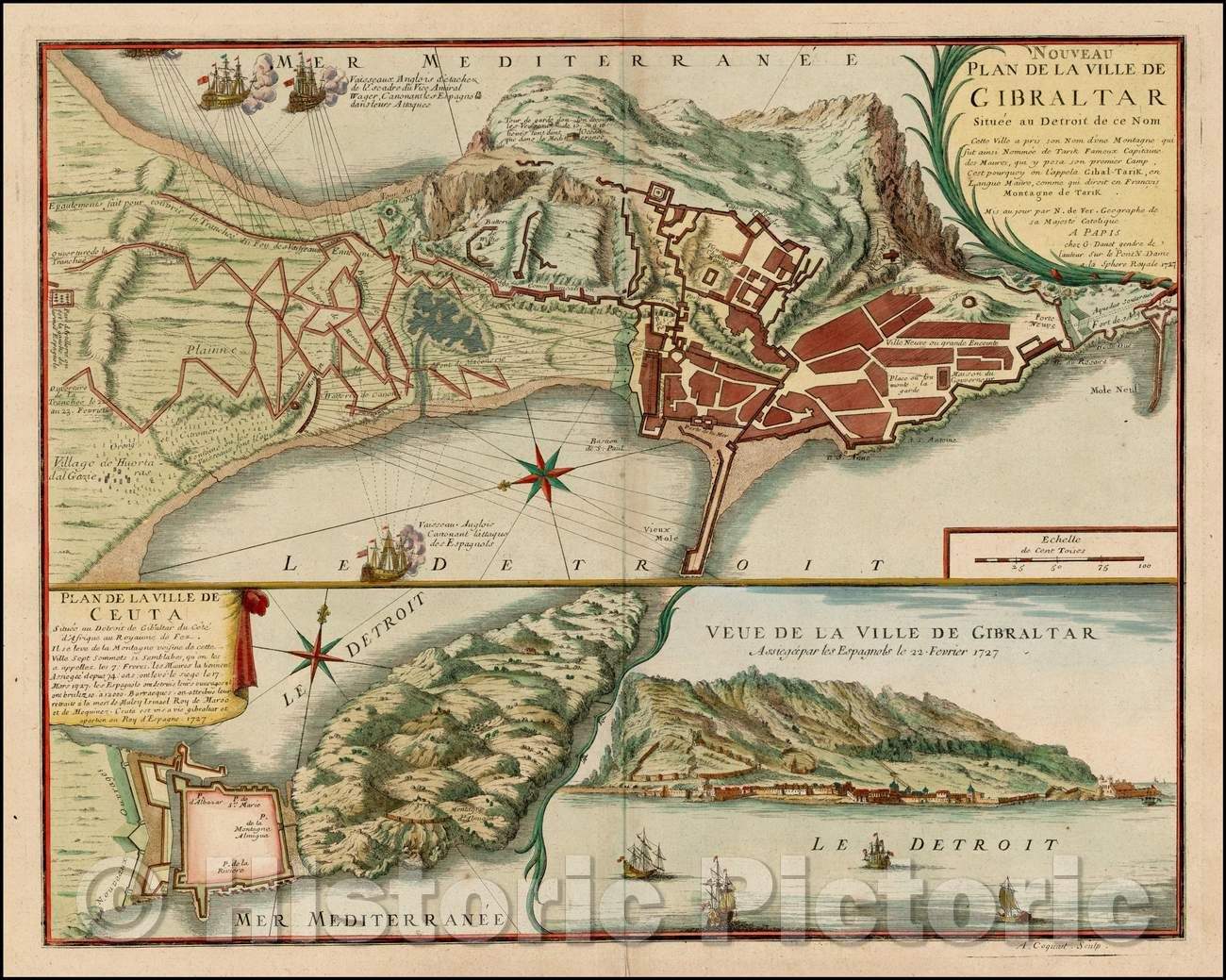 Historic Map - Nouveau Plan de la ville de Gibraltar Situee au Detroidde ce Nom :: Gibraltar and Ceuta by Nicolas de Fer, De Fer's successor, Guillaume Danet, 1727 - Vintage Wall Art