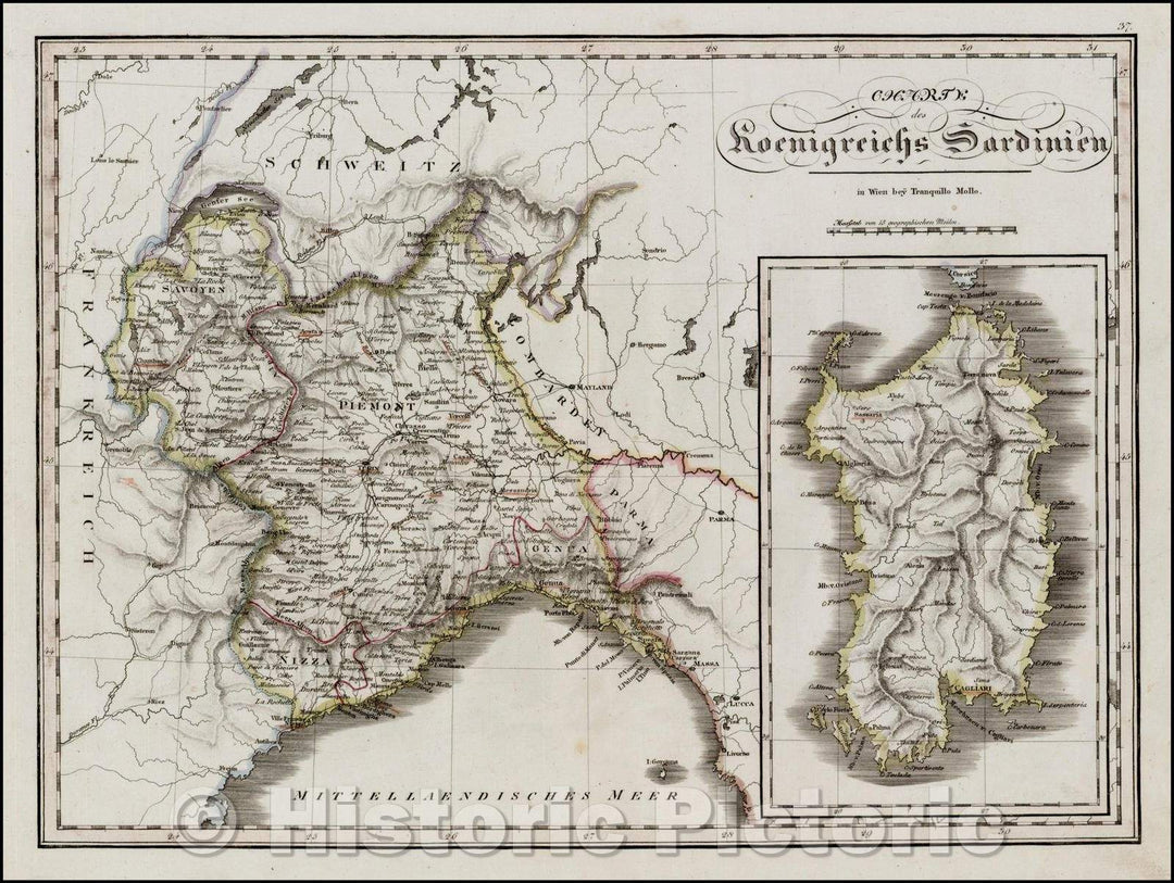 Historic Map - Charte des Koenigreichs Sardinien/Regional Map of the Kingdom of the two Sardinias, 1800, Tranquillo Mollo - Vintage Wall Art