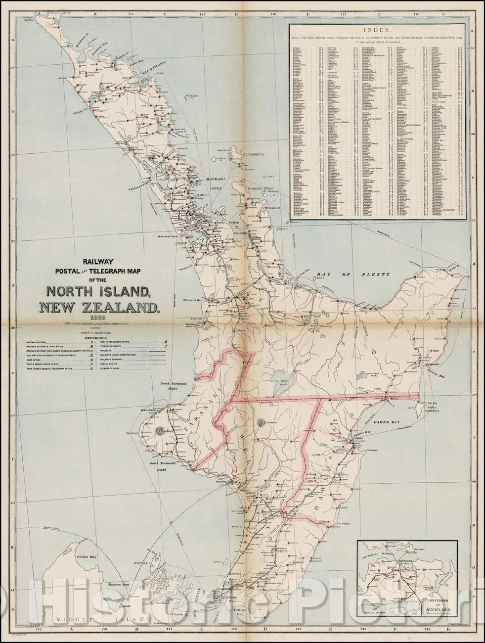 Historic Map - Railway Postal and Telegraph Map of the North Island New Zealand, 1889, Andrew Garran - Vintage Wall Art