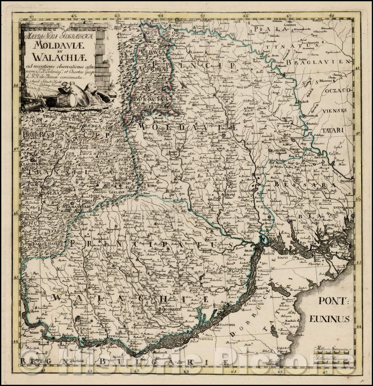 Historic Map - Mappa Nova Geographica Moldaviae et Walachiae ad recentiores observationes astronom/Map of Romania, Moldova and Regions, 1785, Martin Hartl - Vintage Wall Art