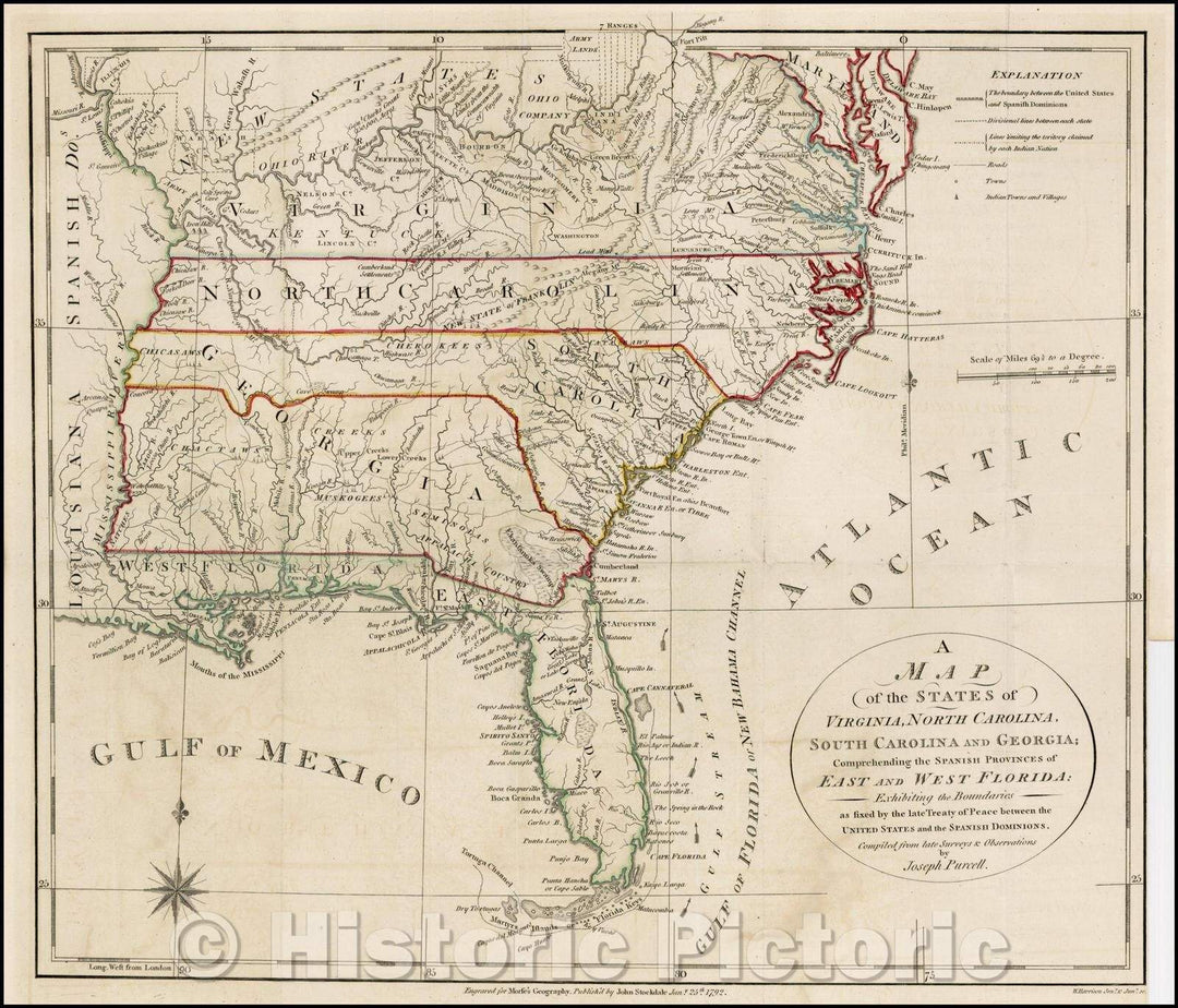 Historic Map - States of Virginia, North Carolina, South Carolina and Georgia; Comprehending the Spanish Provinces of East and West Florida: Exhibiting, 1792 - Vintage Wall Art