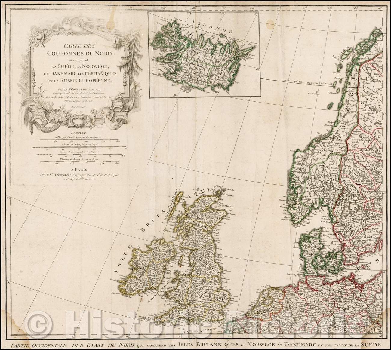 Historic Map - Carte des Couronnes Du Nord qui compend La Suede, La Norwege/De Vaugondy's 2-sheet Map of the British Isles and Scandinavia, 1759 - Vintage Wall Art