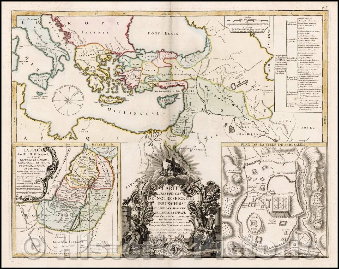 Historic Map - Carte des Voyages de Notre Seigneur Jesus-Christ et ceux des Apostres St. Pierre/Map of the Eastern Mediterranean and contiguous Regions, 1747 - Vintage Wall Art