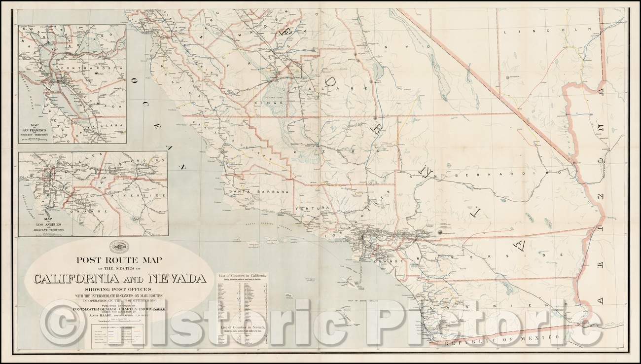 Historic Map - Post Route Map of The States of California and Nevada Showing Post Offices with the Intermediate Distances on Mail Routes, 1898 - Vintage Wall Art