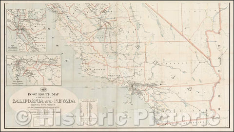 Historic Map - Post Route Map of The States of California and Nevada Showing Post Offices with the Intermediate Distances on Mail Routes, 1898 - Vintage Wall Art