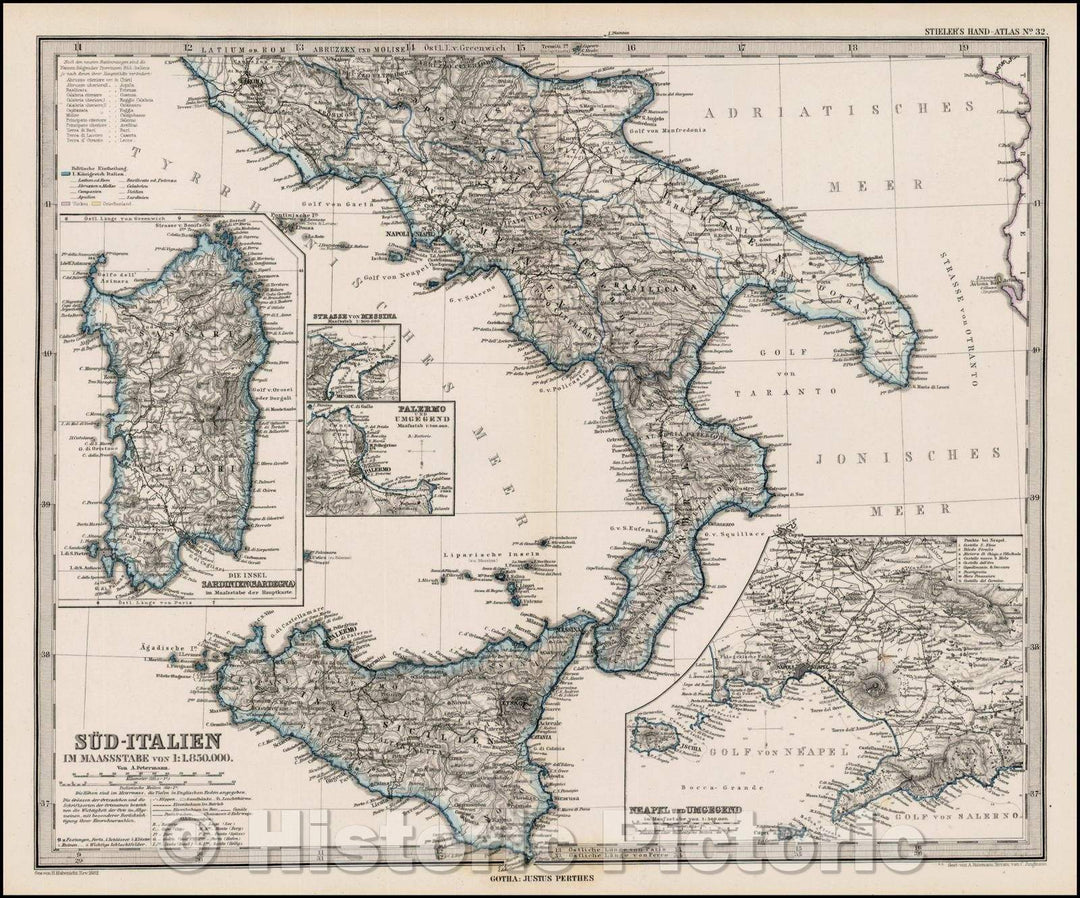 Historic Map - Sud-Italien (with inset of Sardinia, Palermo, Messina and the Gulf of Naples), 1882, Adolf Stieler - Vintage Wall Art