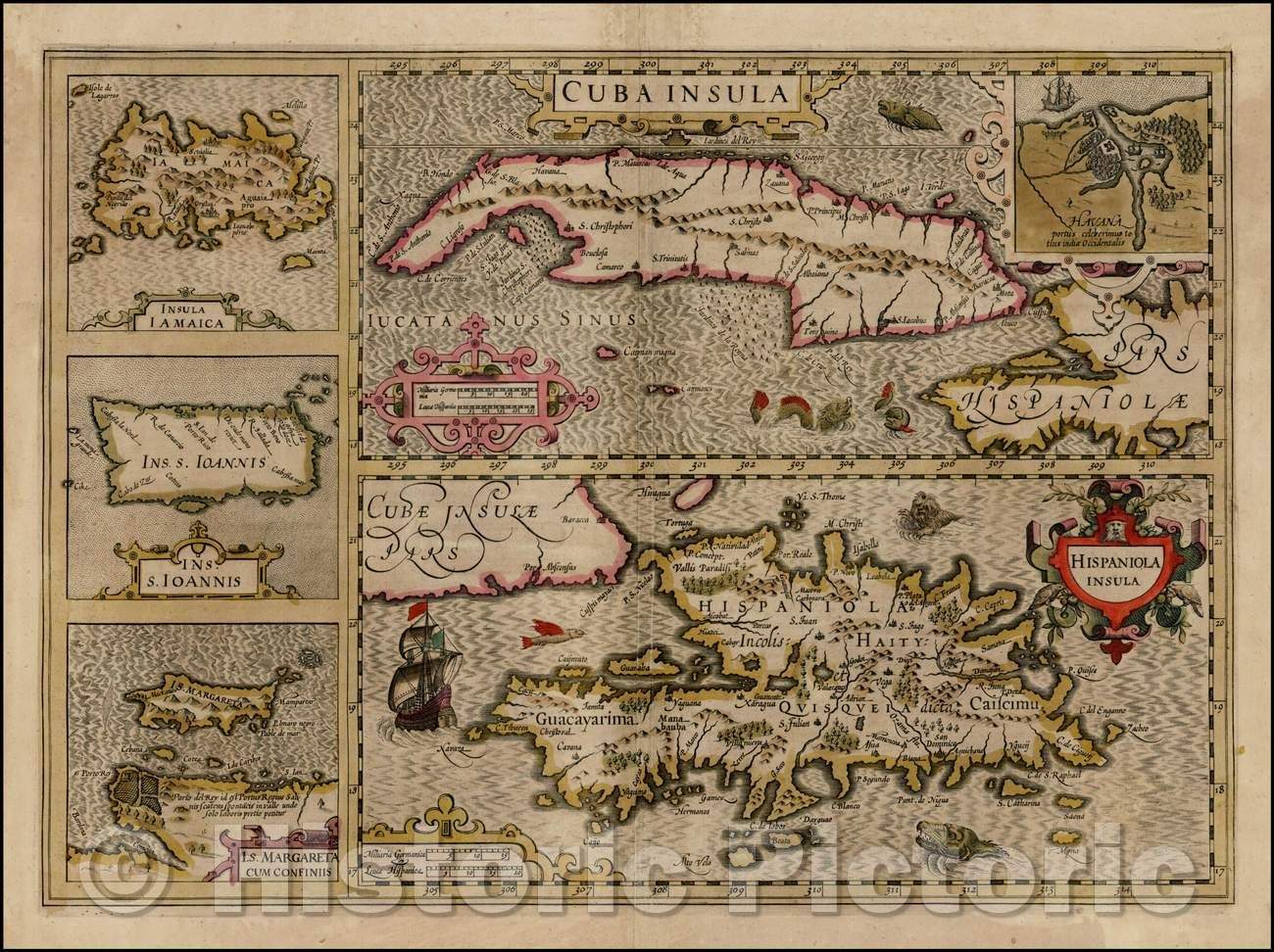 Historic Map - Cuba Insula [with] Hispaniola Insula [with] Insula Jamaica [with] Ins. S. Ioannis [with] I.S. Margareta Cum Confiniis, 1613, Jodocus Hondius - Vintage Wall Art