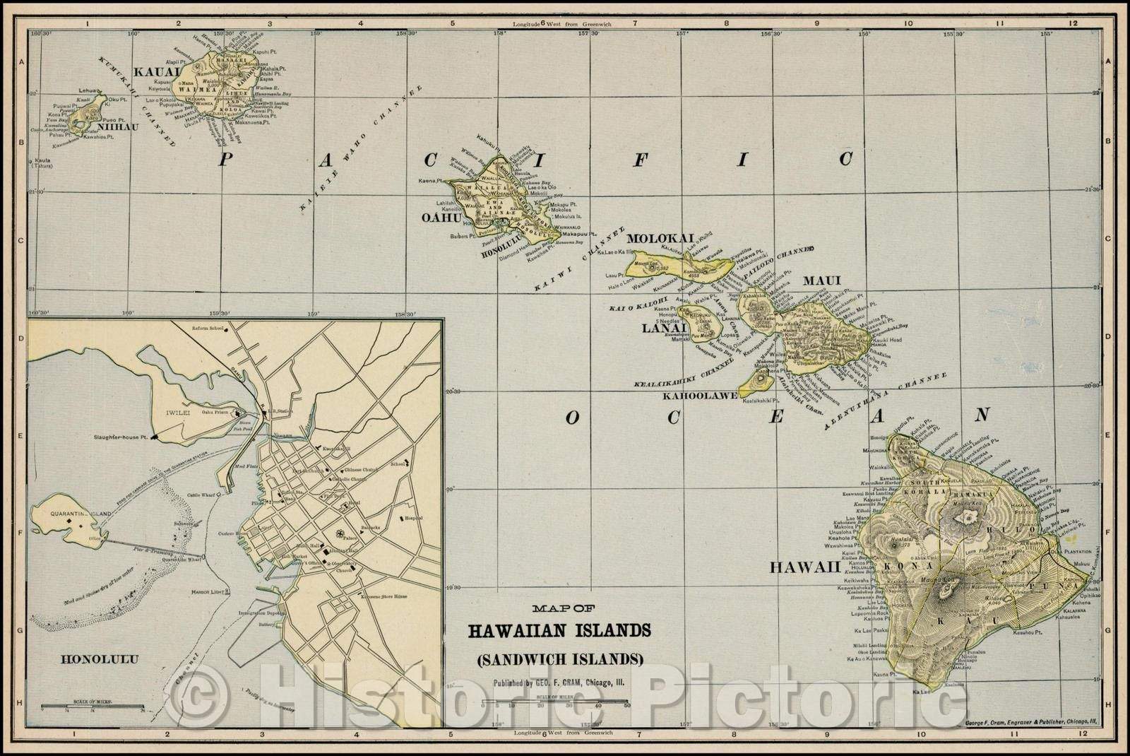 Historic Map - Map of Hawaiian Islands (Sandwich Islands) (with large Honolulu Inset), 1899, George F. Cram - Vintage Wall Art