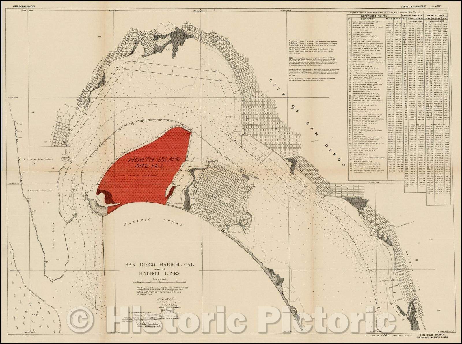 Historic Map - San Diego Harbor, Cal. showing Harbor Lnes, 1921, U.S. Army Corps of Engineers - Vintage Wall Art