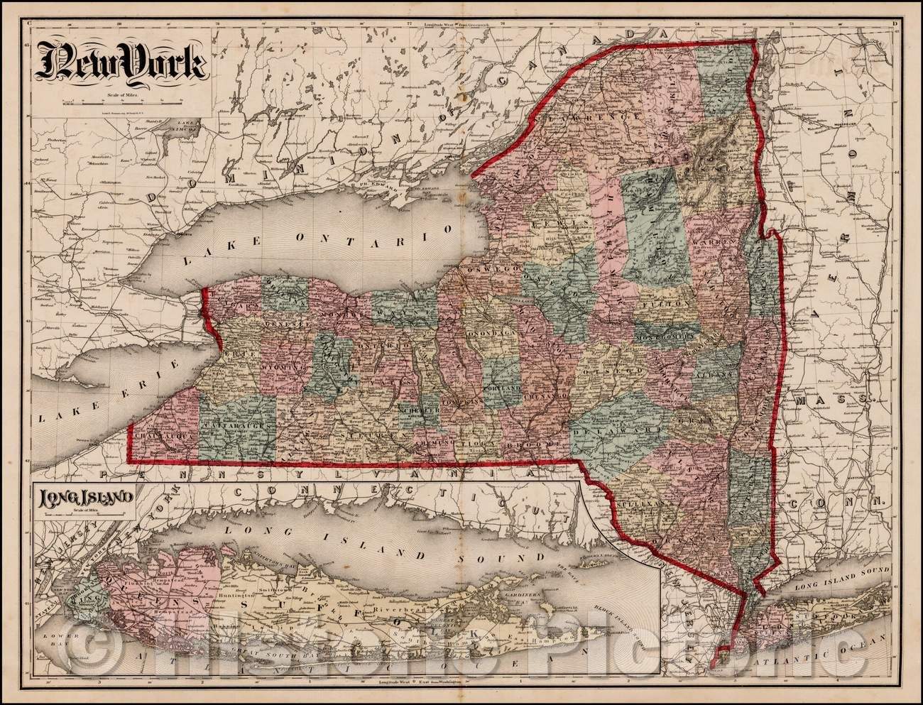 Historic Map - New York (with inset of Long Island), 1875, H.H. Hardesty - Vintage Wall Art