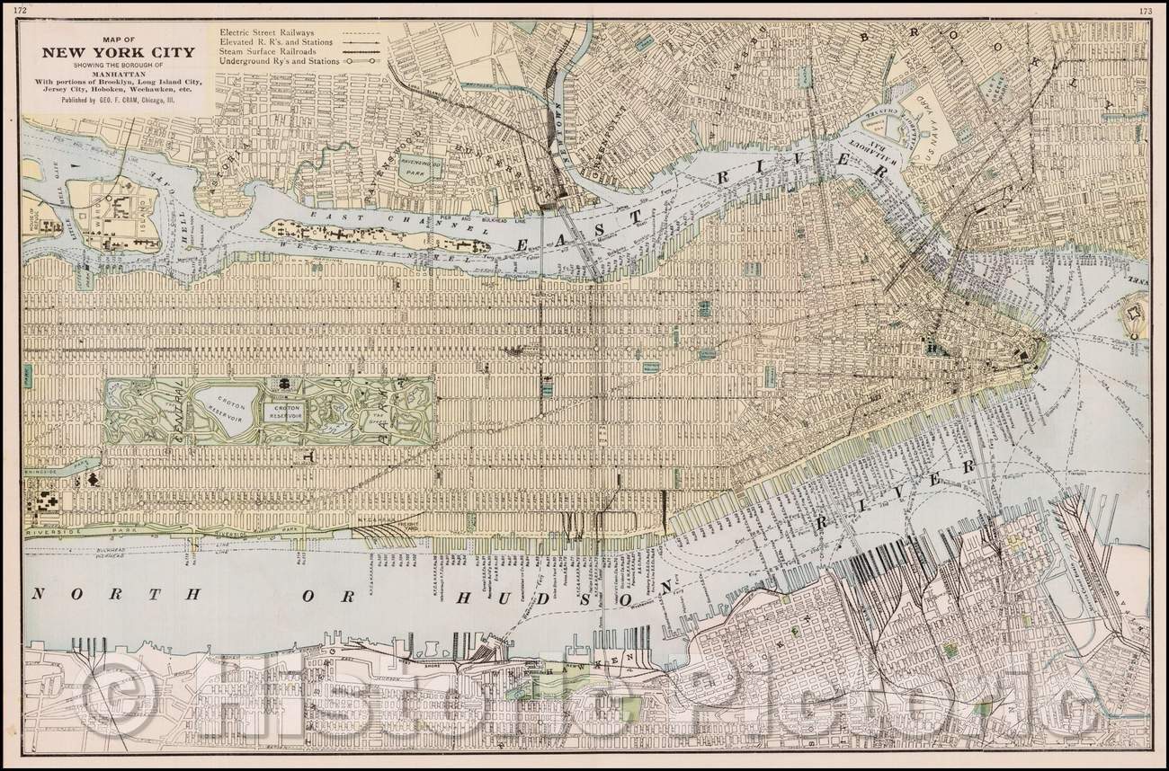 Historic Map - Map of New York City Showing the Borough of Manhattan With Portions of Brooklyn. Long Island City, Jersey City, Hoboken, Weehawken, etc, 1899 v2