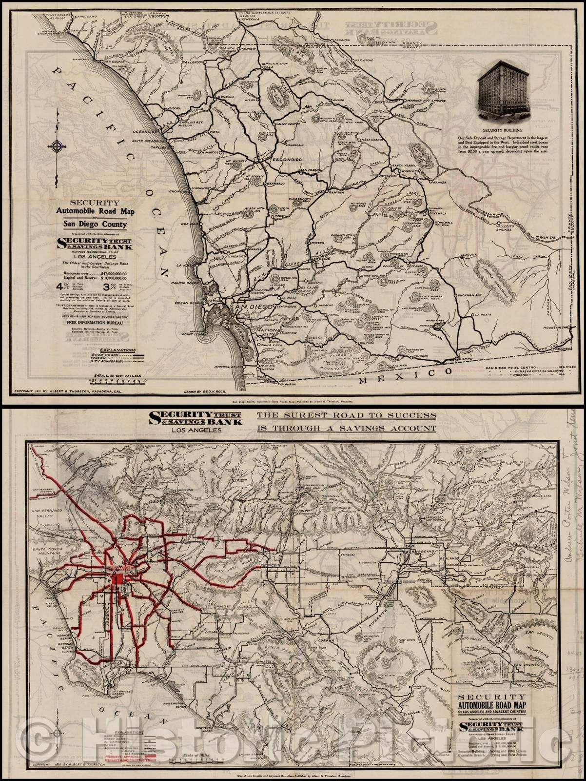 Historic Map - Security Automobile Map of San Diego County (and) Security Automobile Road Map of Los Angeles and Adjacent Counties, 1925 - Vintage Wall Art