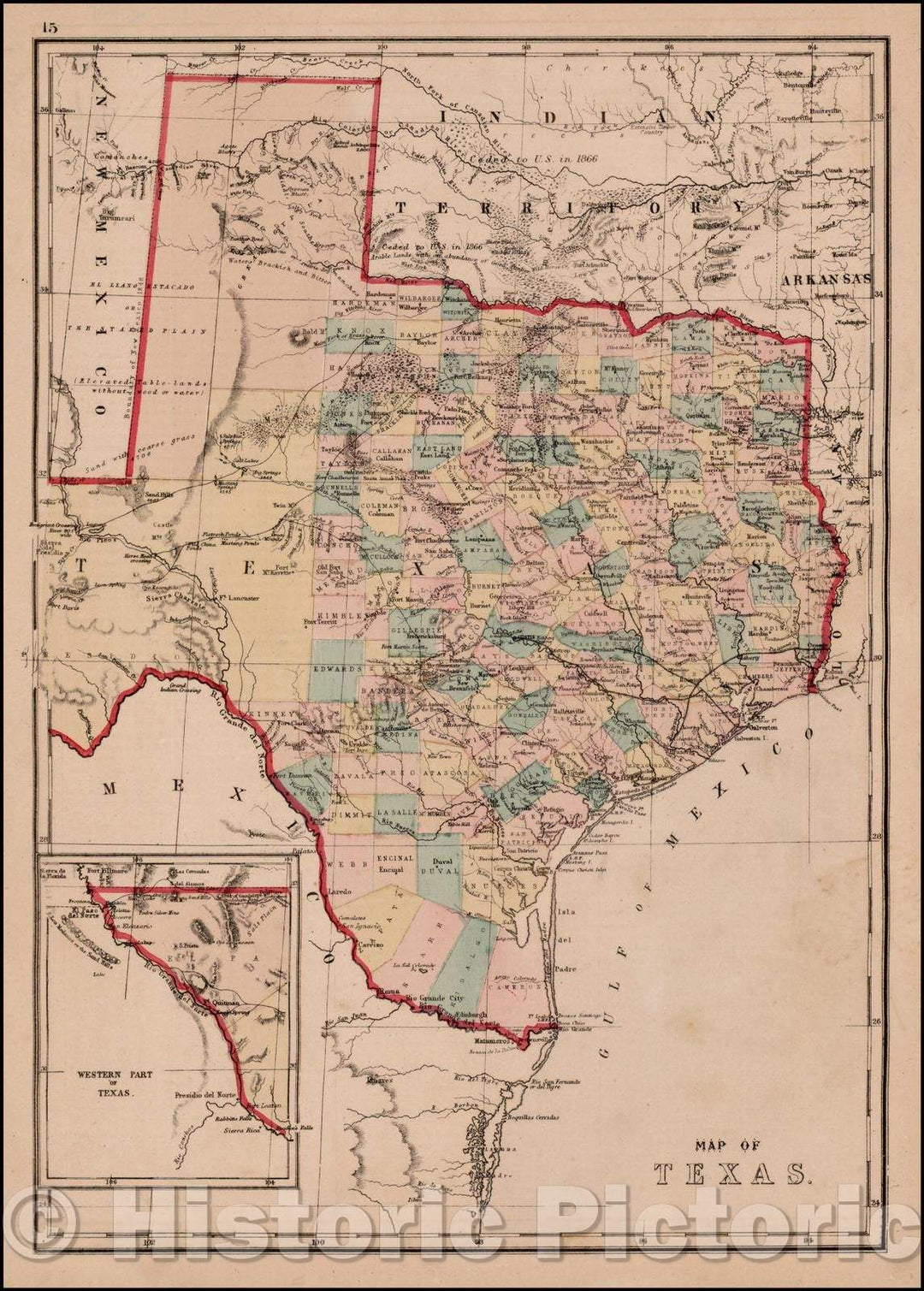 Historic Map - Map of Texas, 1875, H.H. Hardesty - Vintage Wall Art