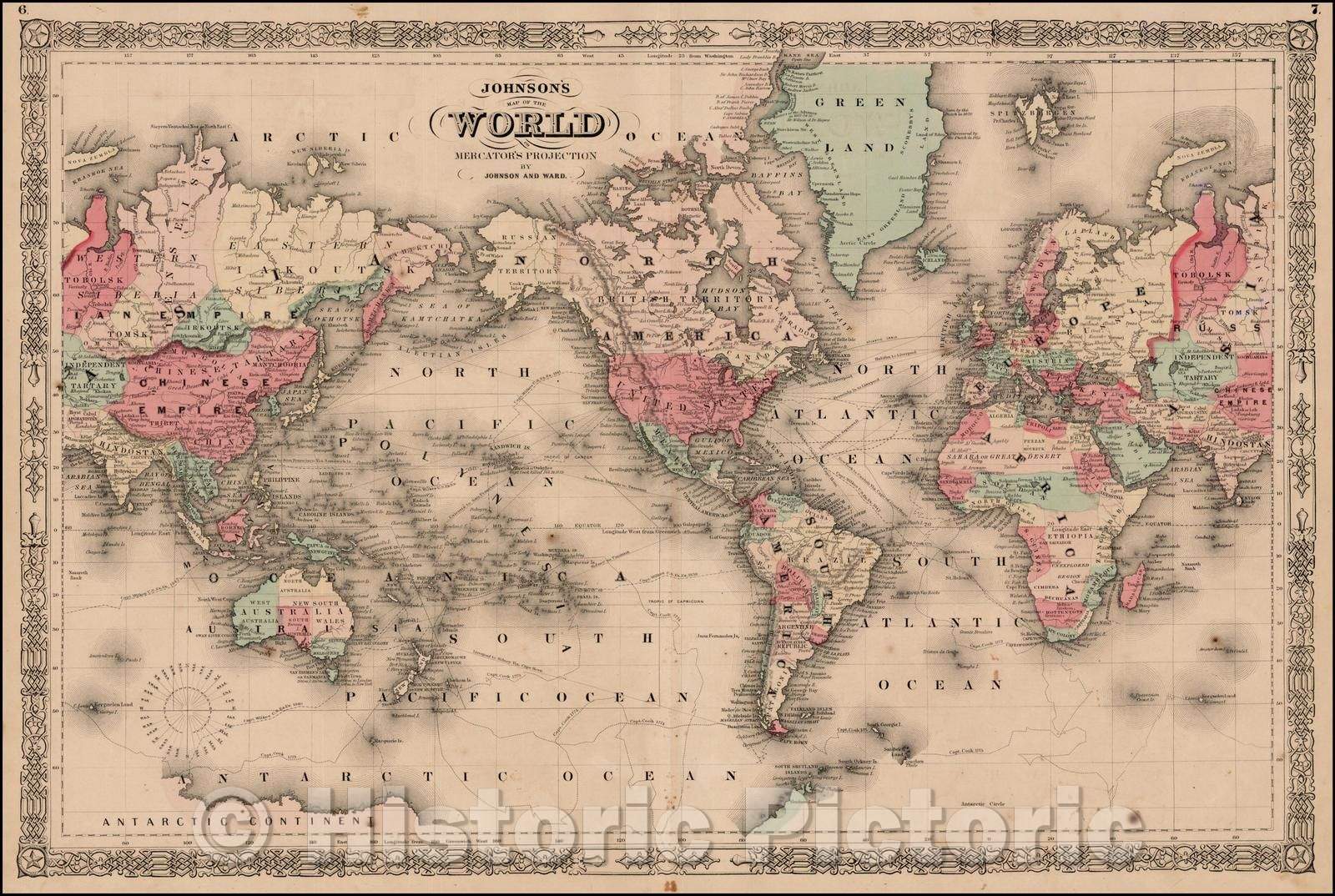 Historic Map - Johnson's Map of the World on Mercator's Projection, 1864, Benjamin Ward v1