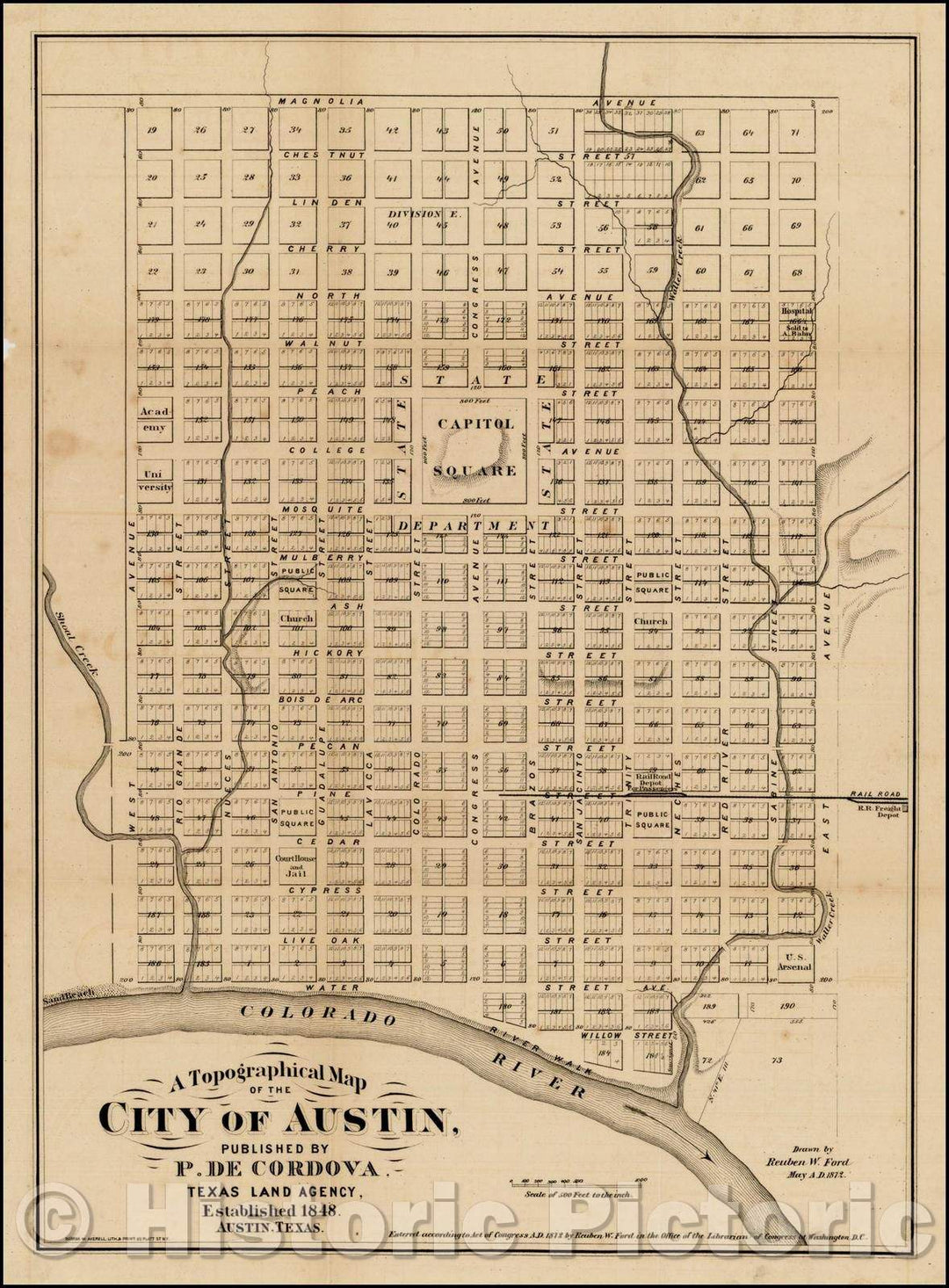 Historic Map - A Topographical Map of the City of Austin, 1872, Phineas De Cordova - Vintage Wall Art