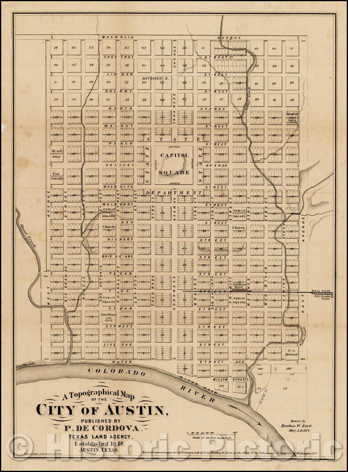 Historic Map - A Topographical Map of the City of Austin, 1872, Phineas De Cordova - Vintage Wall Art