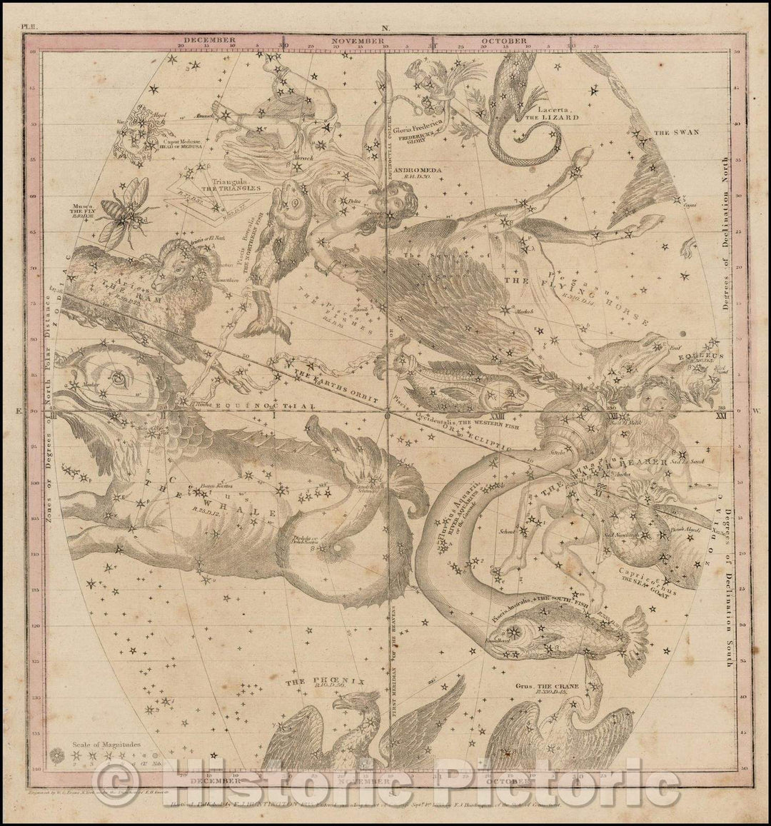 Historic Map - The October, November, and December Sky - Aquarius, Andromeda, Pisces, Pegasus, Aries, Phoenix, Grus,Lacerta, Triangle, etc, 1835 - Vintage Wall Art