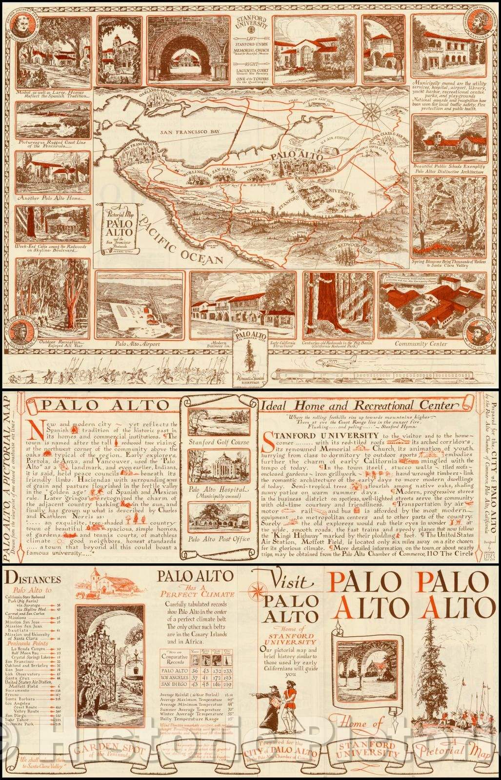 Historic Map - A Pictorial Map of Palo Alto and the San Francisco Peninsula, 1939, Arthur Lites - Vintage Wall Art