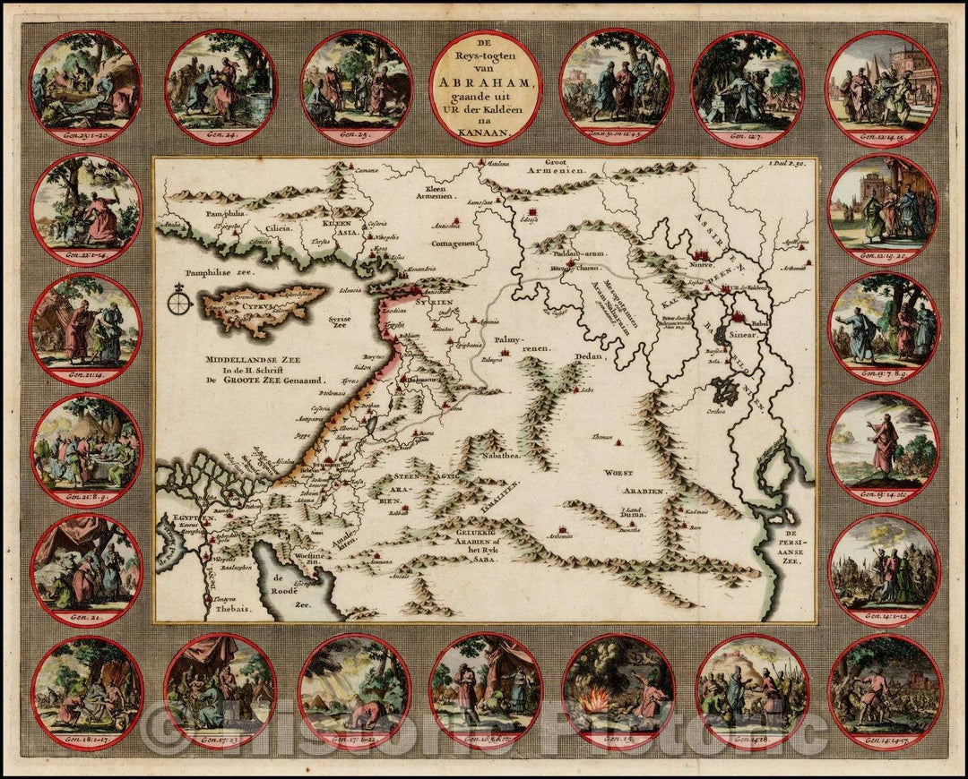 Historic Map - De Reys-togten van Abraham gaande uit Ur der Kaldeen na Kanaan/Map showing the travels of Abraham, illustrated with 21 vignettes, 1700 - Vintage Wall Art