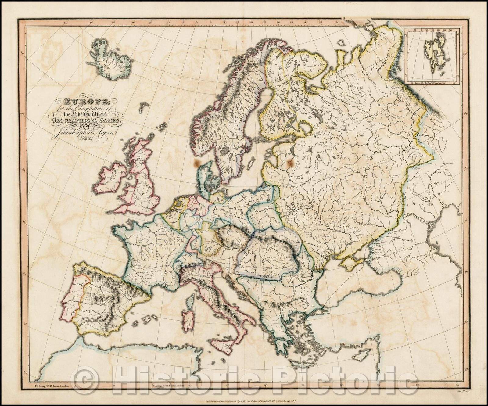 Historic Map - Europe, for the Elucidation of the Abee Gaultiers Geographical Games, 1823, Jehoshaphat Aspin - Vintage Wall Art