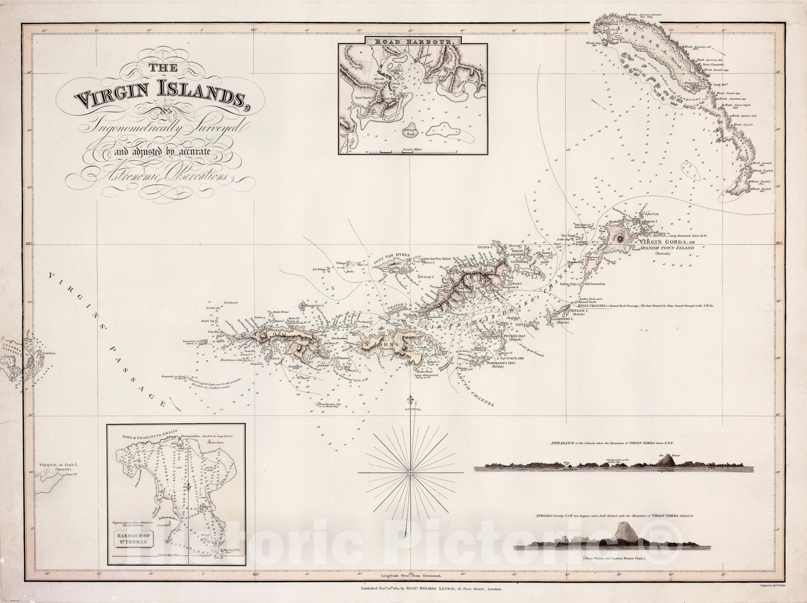 Historic Map - The Virgin Islands, Trigonometrically Surveyed and adjusted, 1821, Richard Holmes Laurie - Vintage Wall Art