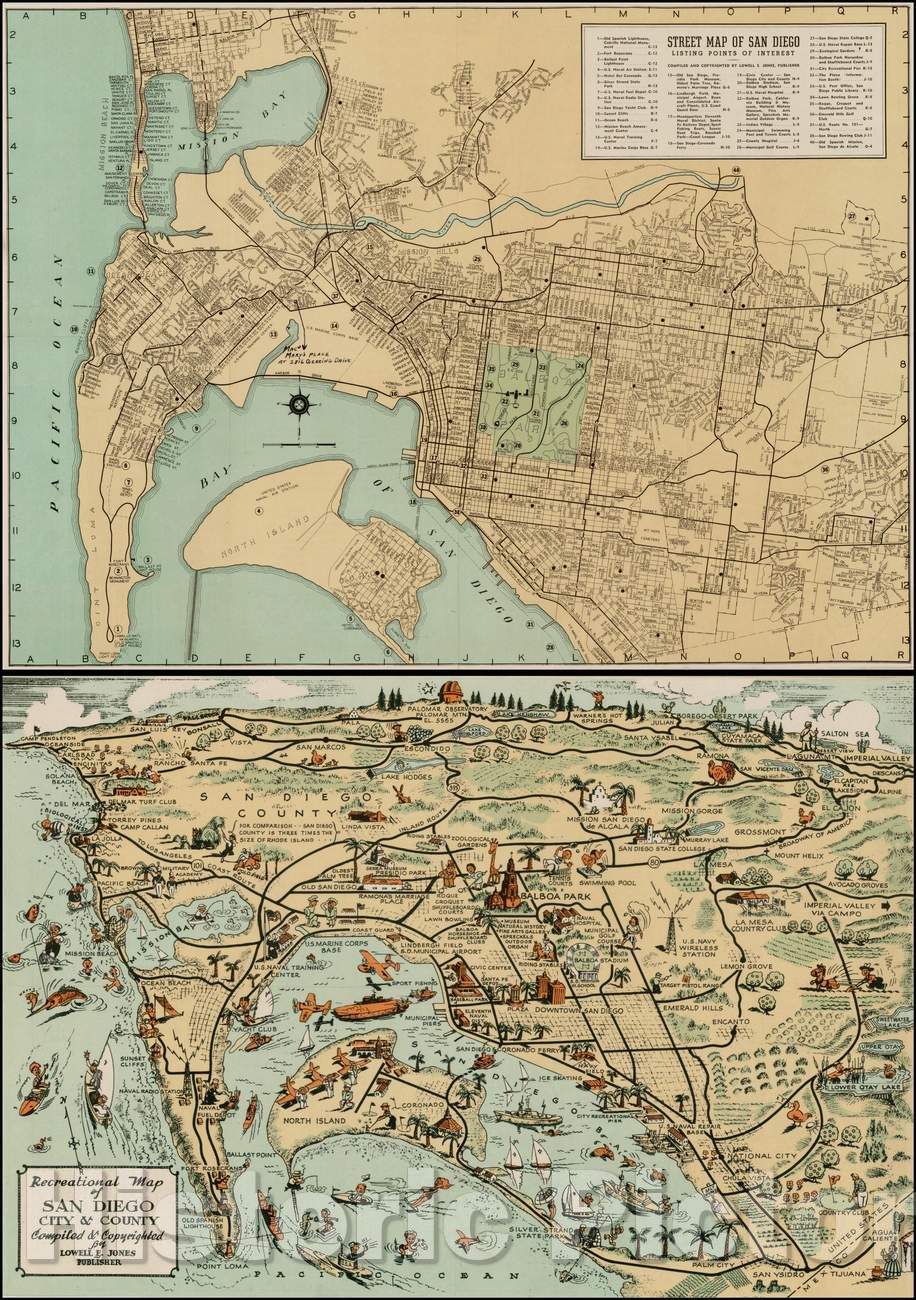 Historic Map - Recreational Map of San Diego City and County, 1935, Lowell E. Jones - Vintage Wall Art