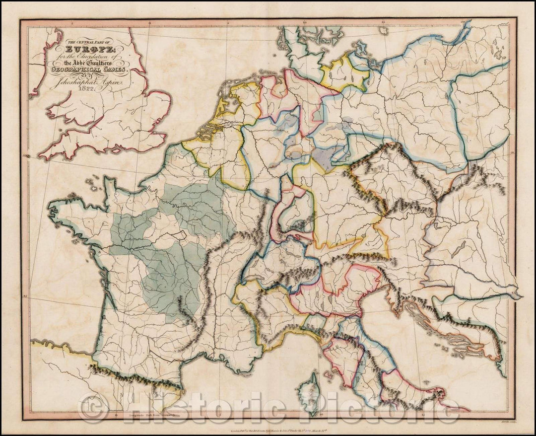 Historic Map - The Central Part of Europe, for the Elucidation of the Abee Gaultiers Geographical Games, 1823, Jehoshaphat Aspin - Vintage Wall Art