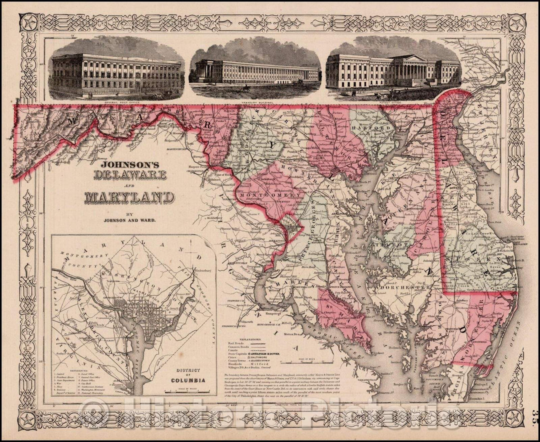 Historic Map - Johnson's Delaware and Maryland [Inset map of Washington DC], 1864, Benjamin Ward - Vintage Wall Art