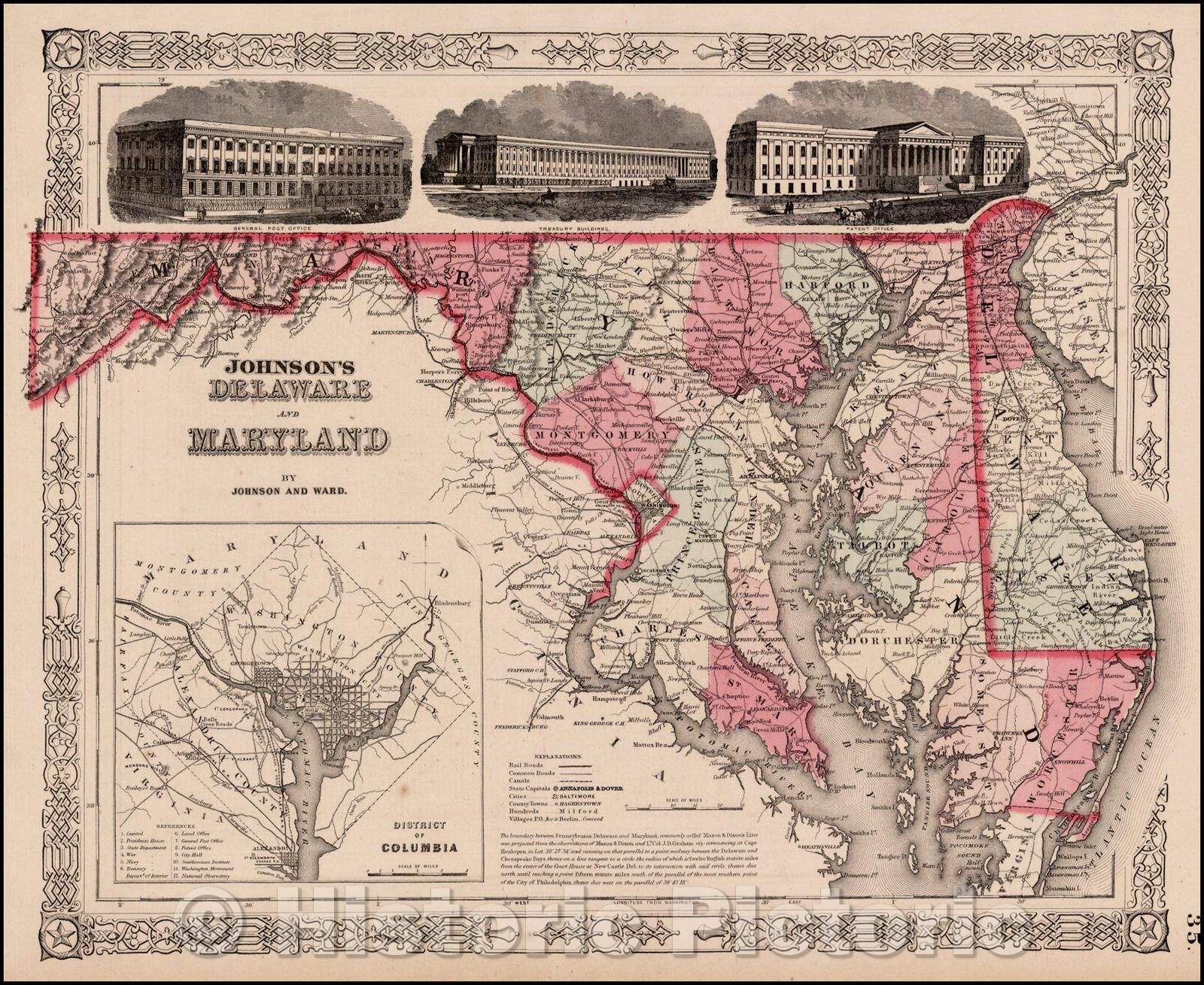 Historic Map - Johnson's Delaware and Maryland [Inset map of Washington DC], 1864, Benjamin Ward - Vintage Wall Art