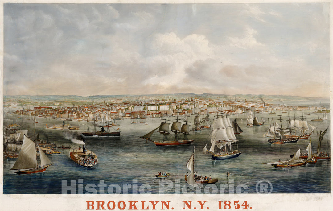 Historic Map - Brooklyn. N.Y. 1854 / View of Brooklyn, New York, published by Smith, Fern & Co, 1854, Wellstood & Peters - Vintage Wall Art